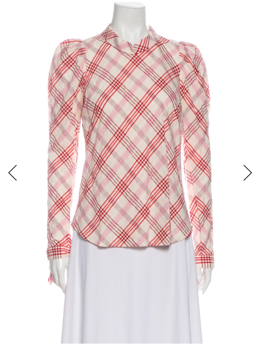 Veronica Beard - size 6, Plaid Puff-Sleeve Button-Back Blouse - Cream & Red